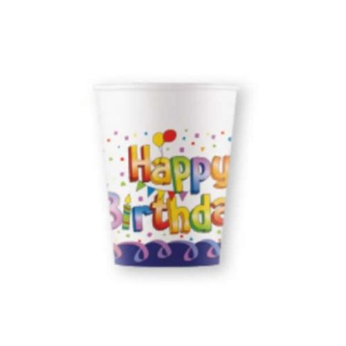 Party papír pohár,  happy birthday, konfettis, 2 dl, 8 db
