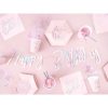 Papír tányér,  hatszögletű, púder pink, Happy Birthday felirattal