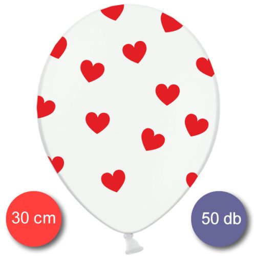 Fehér lufi, nagy csomag, piros szívekkel díszítve, 30cm,  50 db/cs