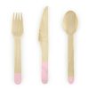 Evőeszköz , fából, világos rózsaszín nyél, 18/db (kanál, kés, villa)