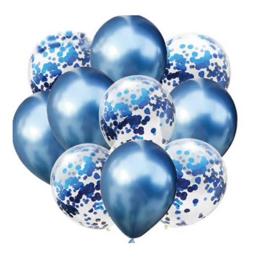 Lufi csomag, kék és kék konfettis, 30cm, 10 db/cs