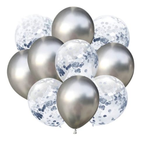 Lufi csomag, ezüst és ezüst konfettis, 30cm, 10 db/cs